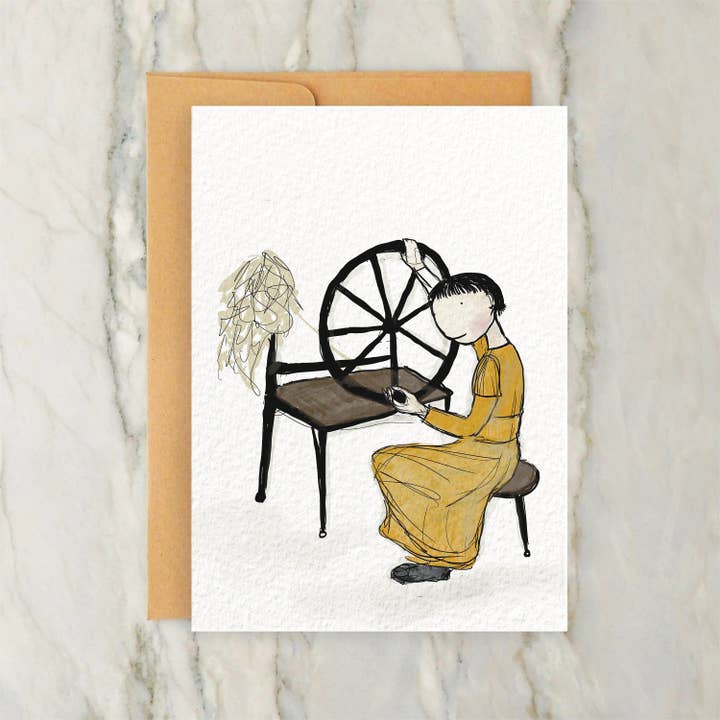 Persoon in gele jurk bij een spinnewiel kaart 4x5" voor wholesale door Hudson Illustration Co - About Town Co