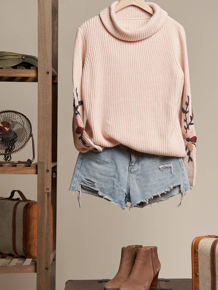Blush Mock Neck Embroidered Sweater for wholesale on Faire