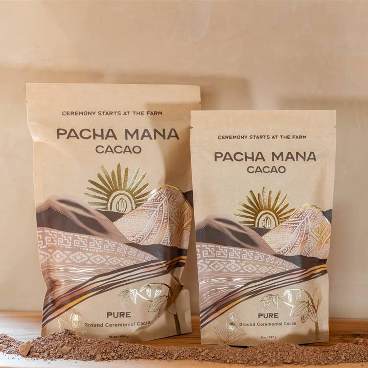 Pure (Ground Cacao) Bag 8 oz. (1/2 lb) & 16 oz (1 lb) for wholesale by Pacha Mana Cacao