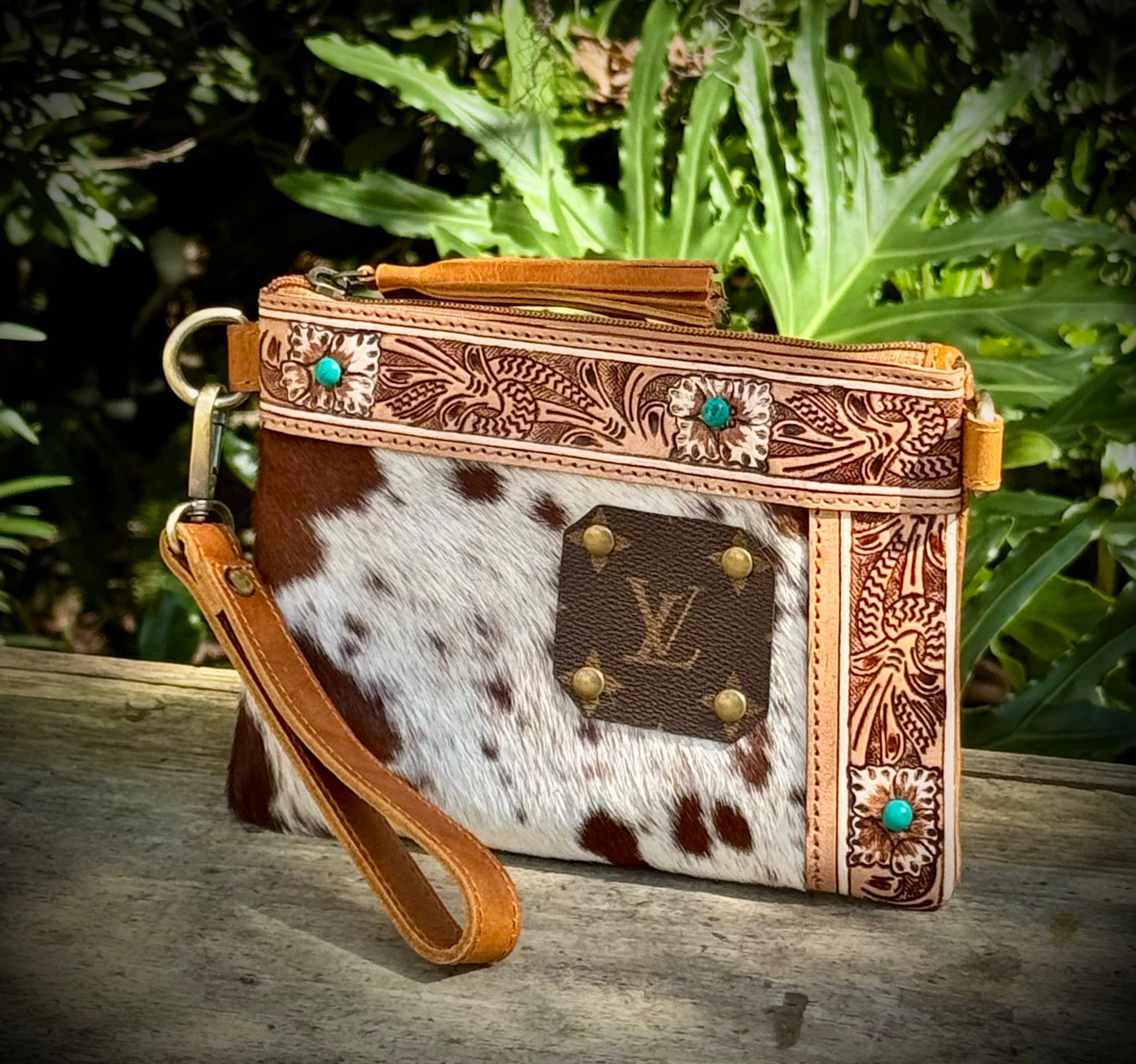 Southern Junkie Gypsy Boutique - Wholesale Crossbody Bag - Women's - Upcycled LV Cowhide Leather Wristlet Crossbody Bag Western 3