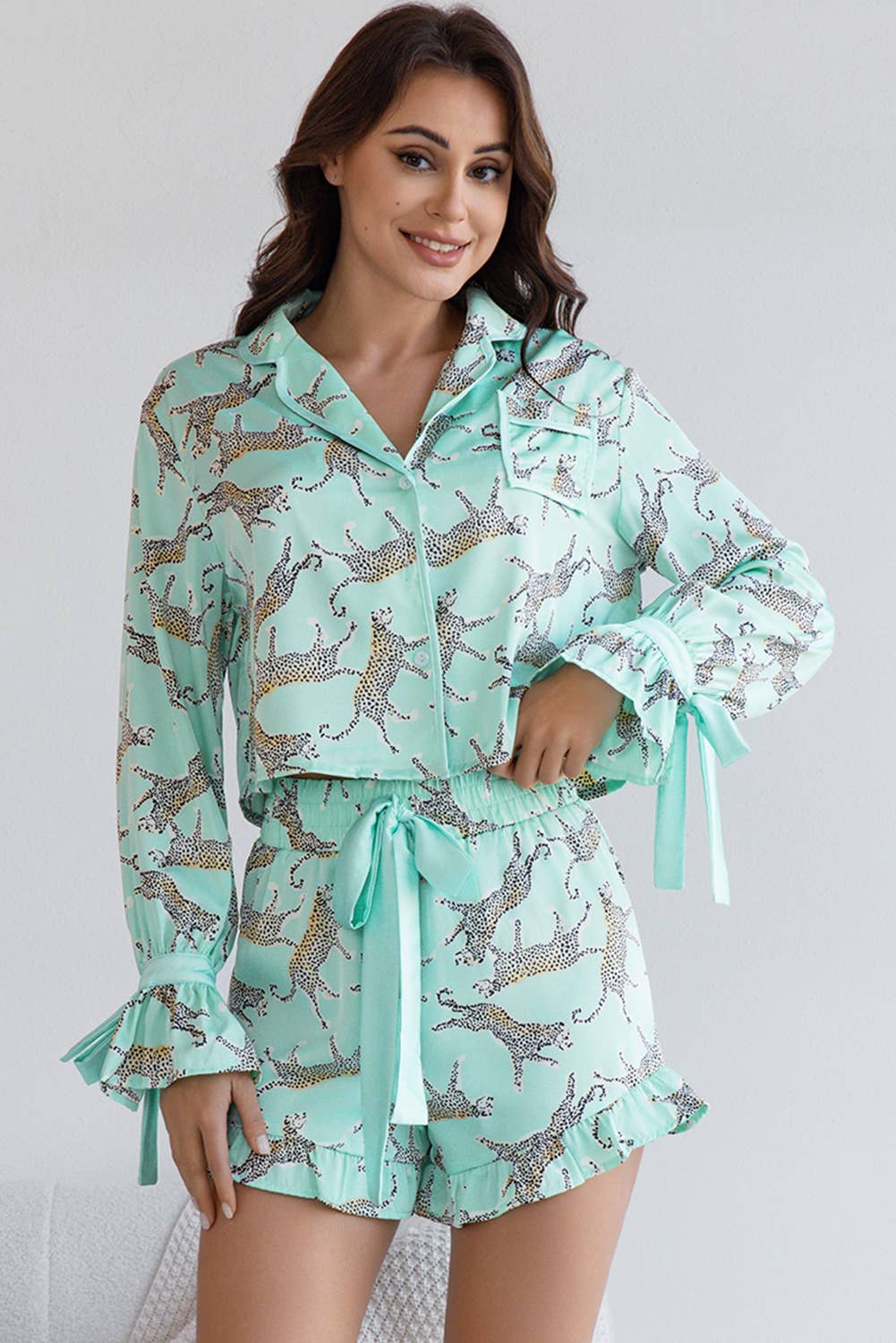 Green Leopard Printed Satin Long Sleeve Top and Shorts Pajama Set for wholesale on Faire4