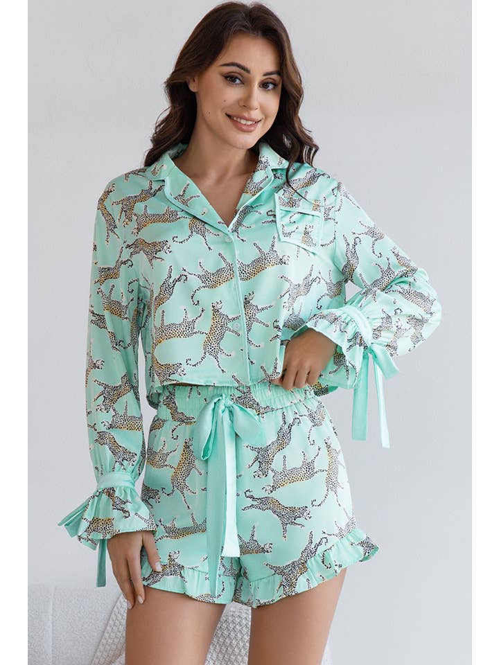 Green Leopard Printed Satin Long Sleeve Top and Shorts Pajama Set for wholesale on Faire4