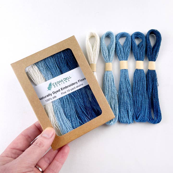 Cedar Dell Designs - Wholesale Embroidery/Cross Stitch Supplies - Indigo Dyed Silk Embroidery Floss - Ombre Set of Blue Thread