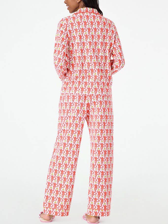 OrangeRed Monkey Print Long Sleeve Shirt Trousers Lounge Set for wholesale on Faire5