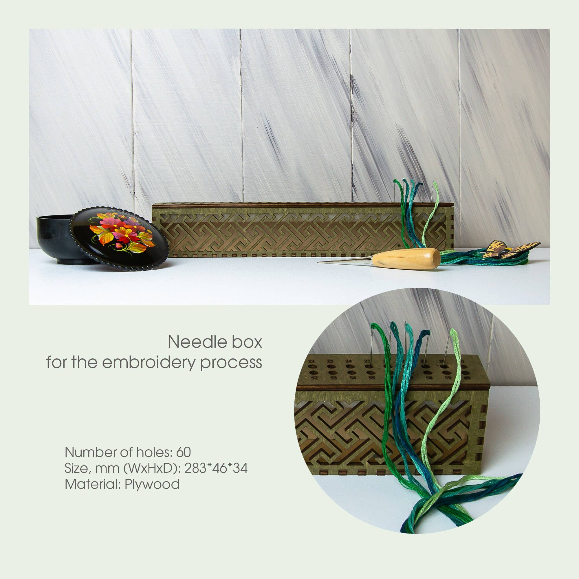 Embroidery craft - Wholesale Embroidery/Cross Stitch Supplies - Wooden Embroidery Needle Organizer Box – 60 Holes1