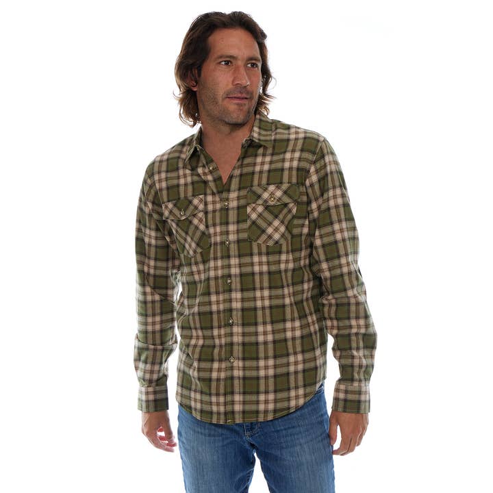 PX - Wholesale Buttoned-down shirt – Men's - Long Sleeve Flannel Plaid Front Pockets Shirt Lt Olive Khaki0