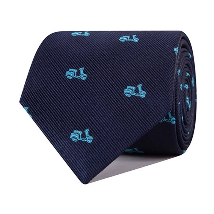 Navy blå og turkis vespas silke slips for engroshandel hos Ox Gemelos