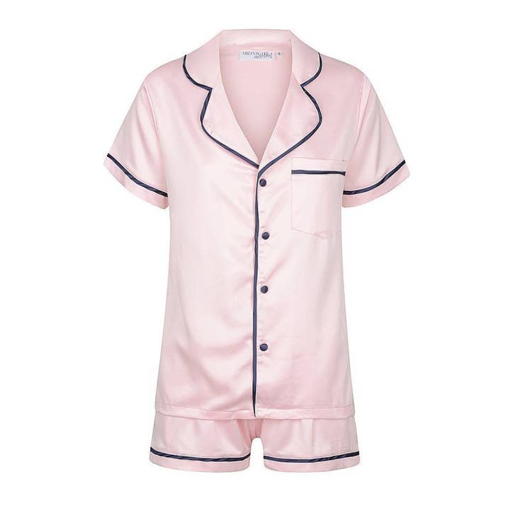Kids Bespoke Satin Pyjama Set - Short Sleeve Pink/Navy for wholesale by Midnight Mischief