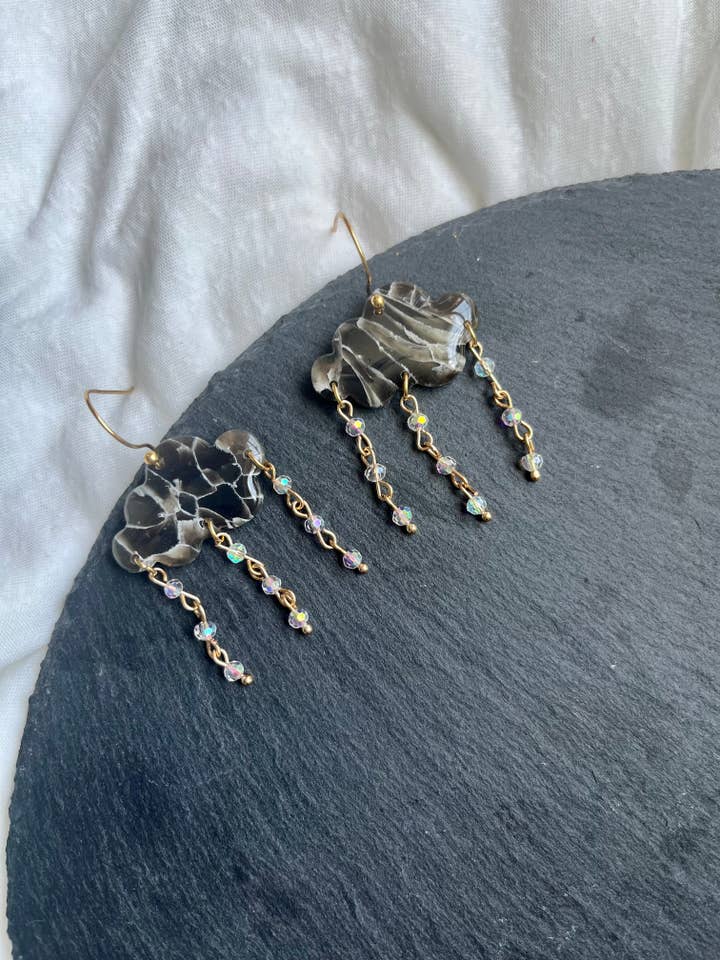 Crystal Rain Cloud Dangle Polymer Clay Earrings for wholesale by Clay + Clover Earring Co.