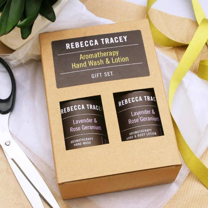 Lavender & Rose Geranium Hand Wash and Lotion Gift Set for wholesale by Rebecca Tracey