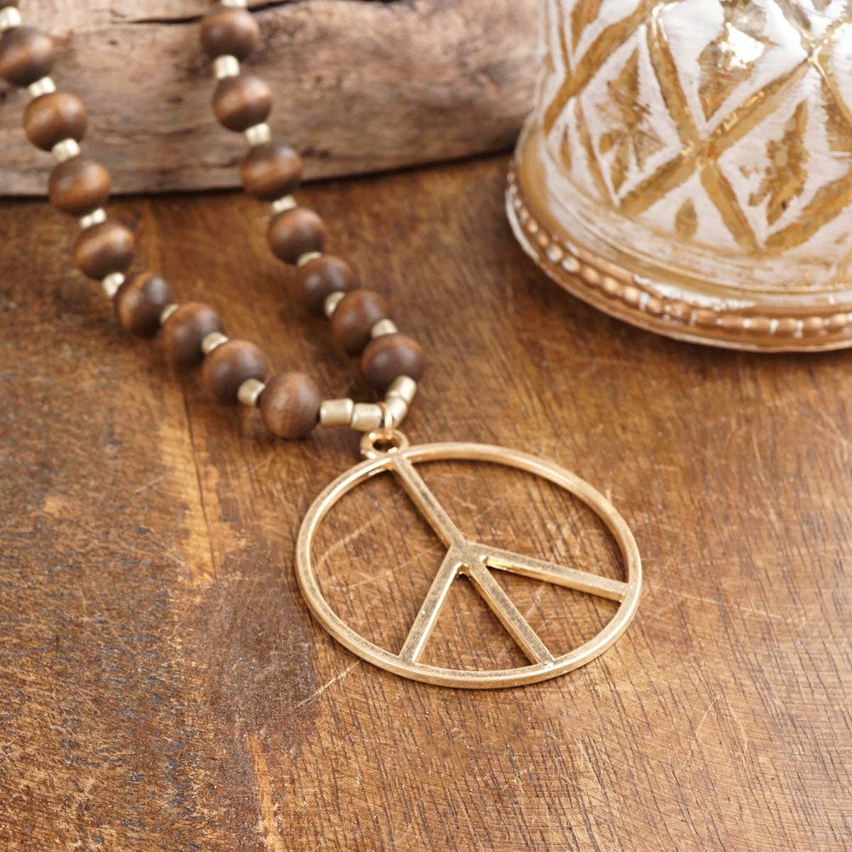 PennyLine inc - Wholesale Pendant/Charm Necklace - Long Wood Bead Necklace with golden peace sign pendant - Brown6