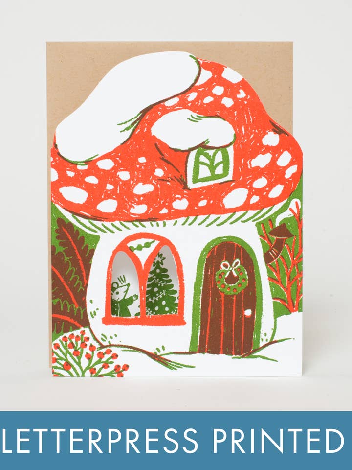 Merry Mushroom House Letterpress Holiday Greeting Card by Phoebe Wahl and other Purchase Wholesale hl1788. Free Returns & Net 60 Terms on Faire trending on Faire.