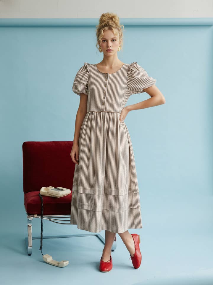 SOD1397 Vestido Midi com Mangas Bufantes às Riscas e Laço nas Costas por atacado de Heyson