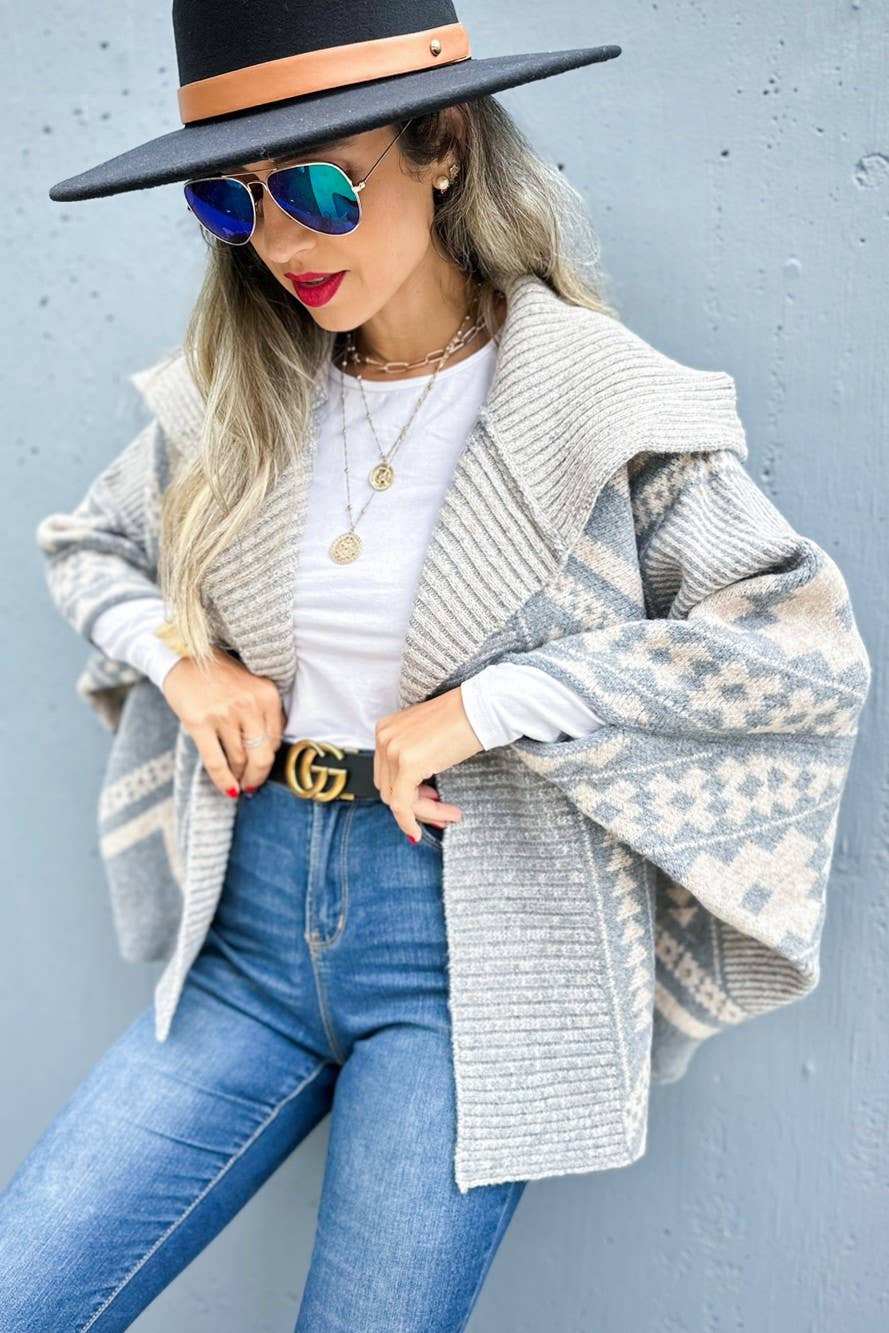 Grey Aztec Pattern Dolman Sleeve Open Front Knit Cardigan for wholesale on Faire2