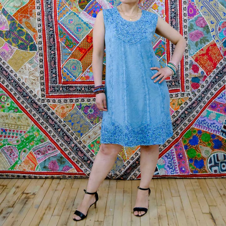 Flowy Hand Embroidery Batik Cotton Dress with Pockets for wholesale by Karma Nepal Crafts