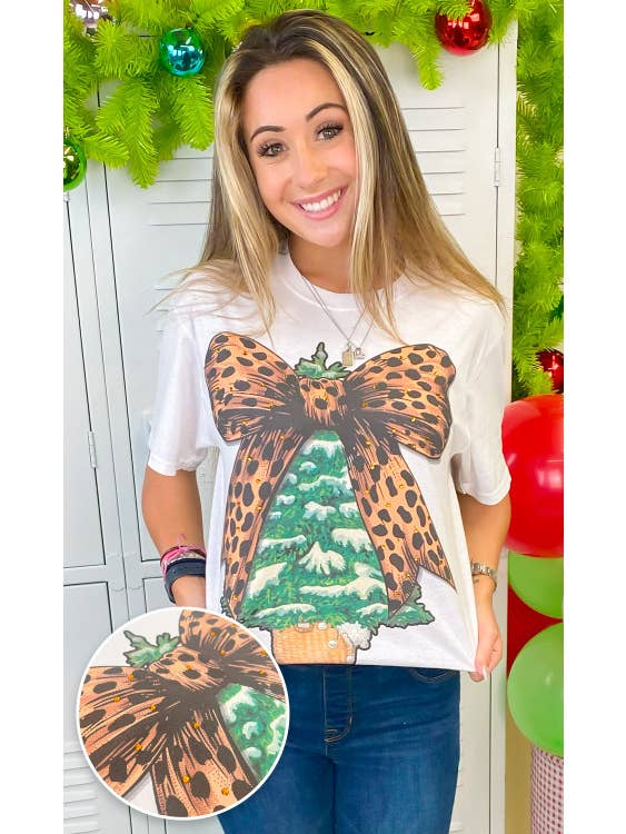 Sugar Stitch - Wholesale T-Shirt (Graphic) - Women's - Christmas Tree Cheetah Bow Rhinestone Graphic T-Shirt