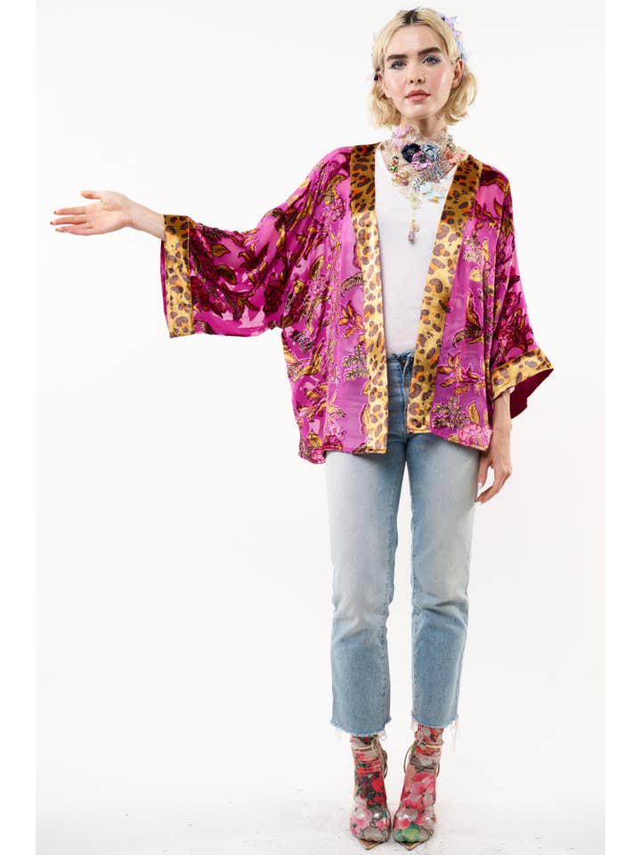 Fuchsia Holiday Jewels Burnout Velvet Kimono / Topper for wholesale on Faire