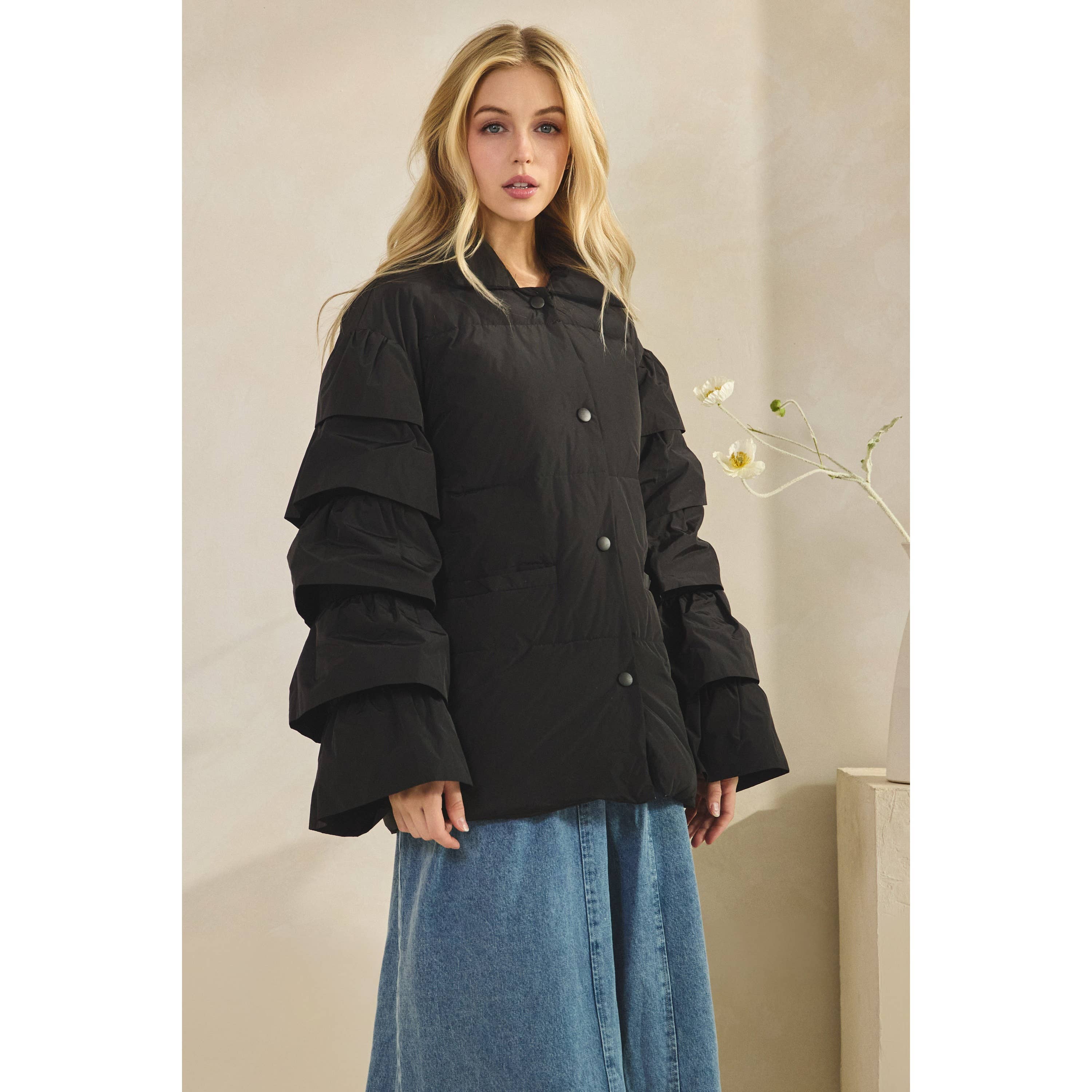 Veveret - Wholesale Jacket - Women's - Tiered Ruffle Long Sleeve Padded Jacket16