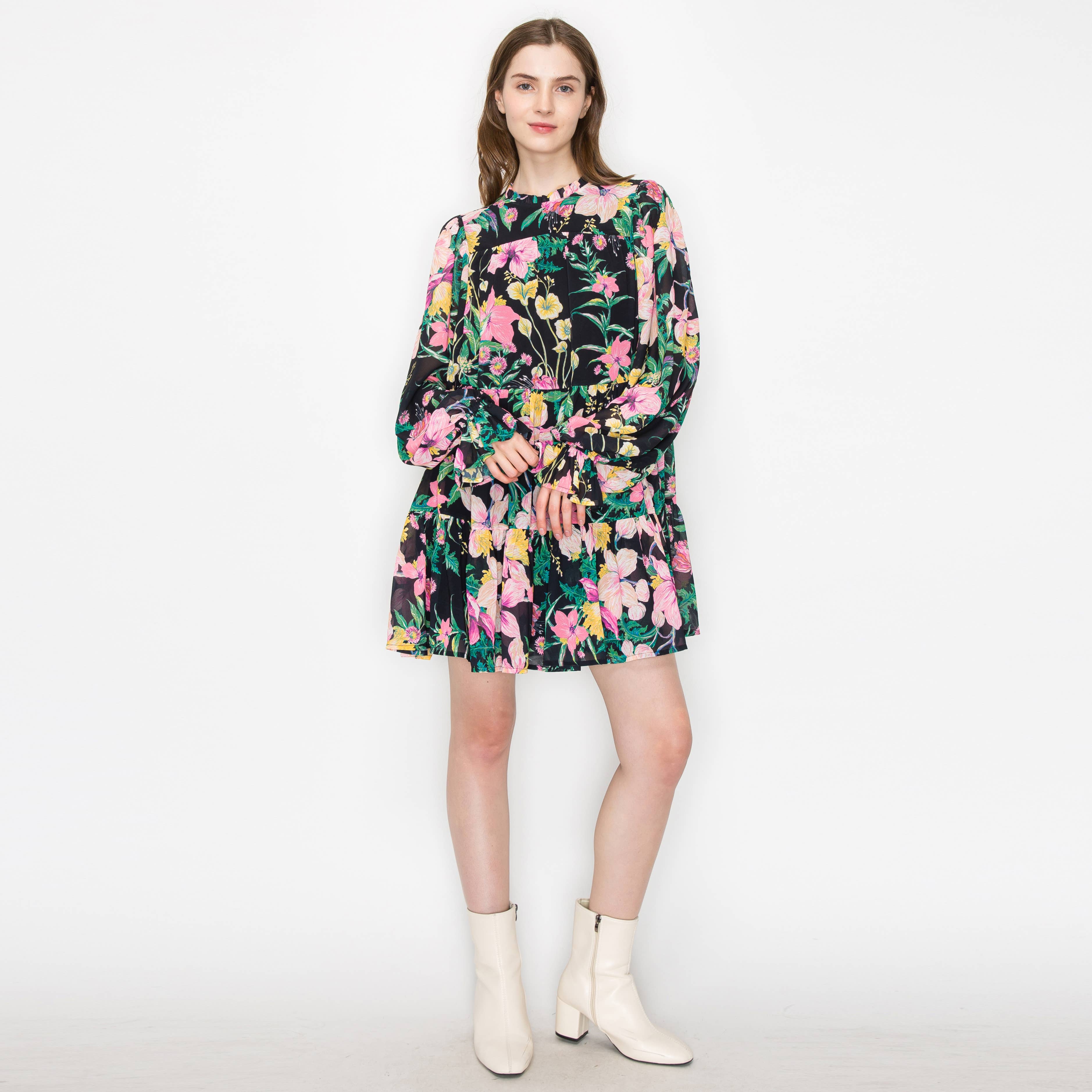 LoveWednesday - Wholesale Dress - Women's - Black wild floral print mini dress - LWD25951