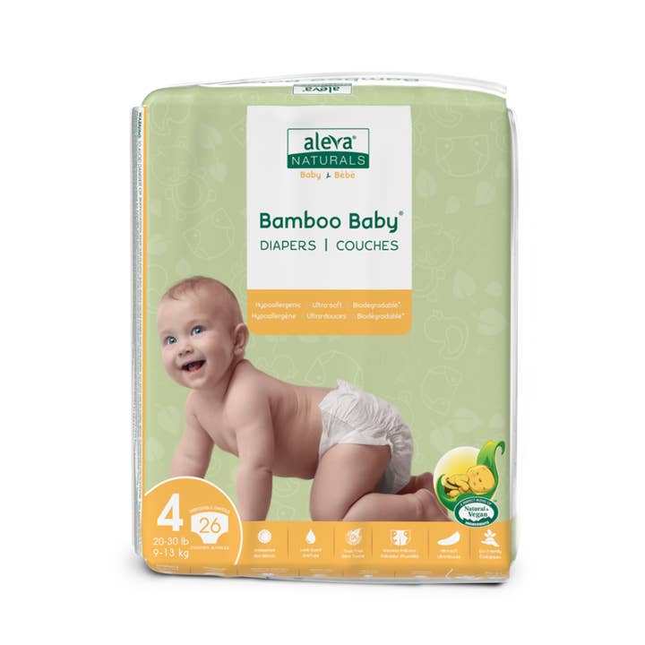 Aleva Naturals - Wholesale Diaper (Non-Cloth) - Baby - Bamboo Baby Diapers - Size 4 (20-30lbs/9-13kg) — 26ct