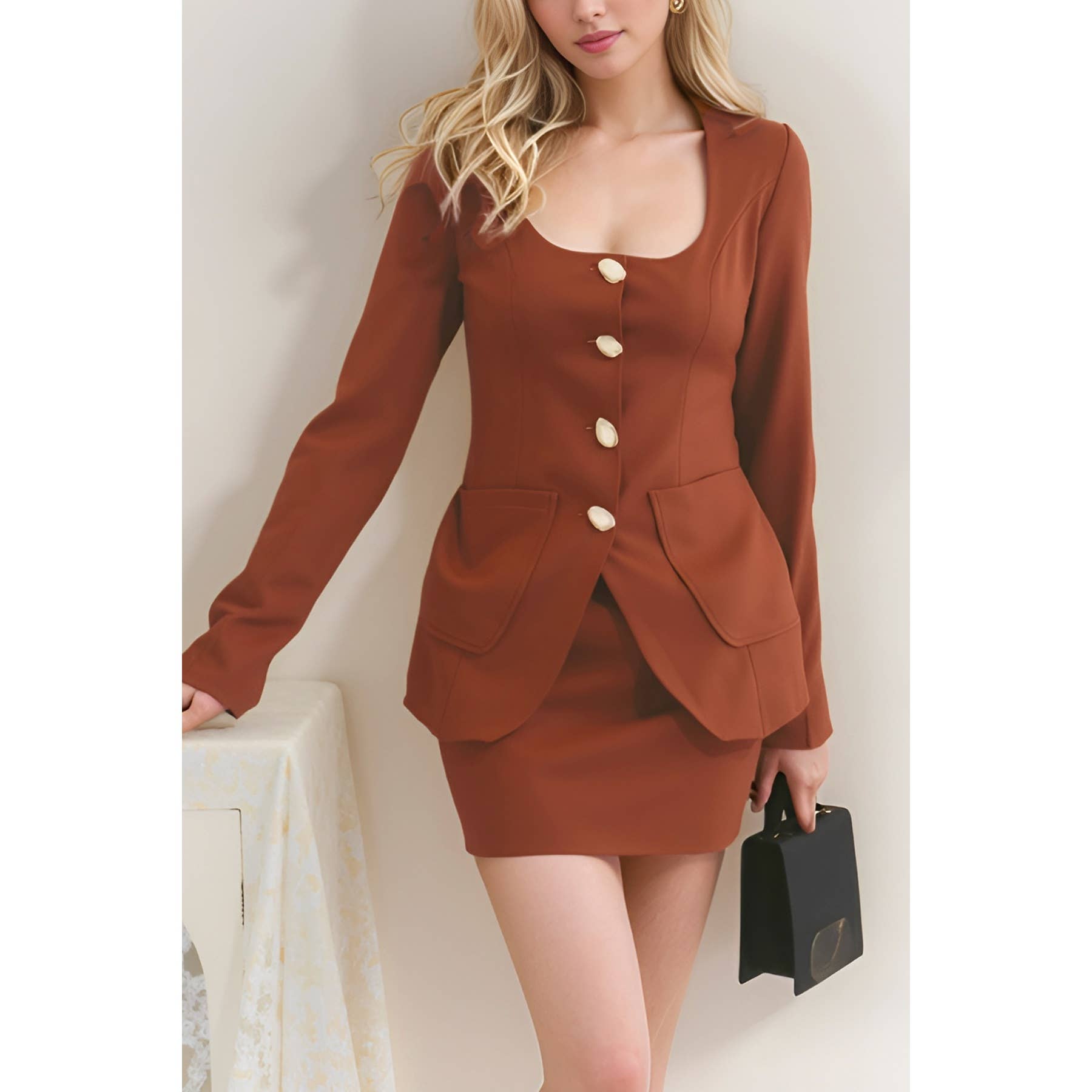 XHHH Inc - Wholesale Top & Pant Set (NOT Loungewear) - Women's - X9461CS Scoop Neck Blazer Mini Dress Set1