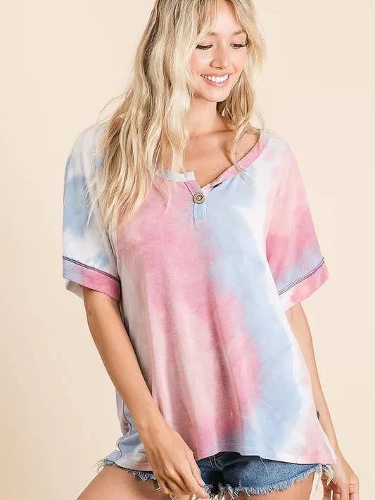 BiBi Tie Dye French Terry Top With Buttoned Placket for wholesale by Queenado
