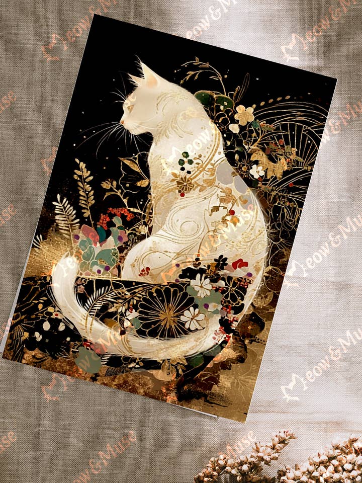 Aquarelle-style postcard 'Embroidered Grace Cat' for wholesale by Meow & Muse