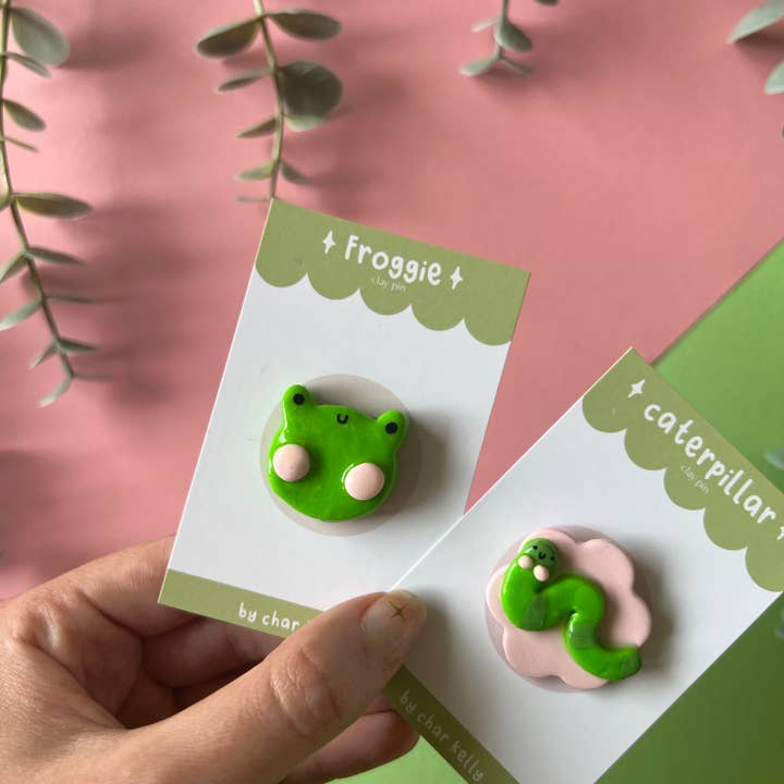 Cute Froggie and Caterpillar Clay Pin for wholesale by Kelly Creates