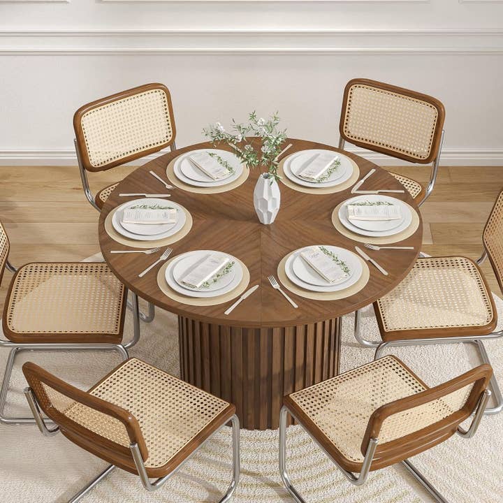 Round Walnut Dining Table 47 Inch With Wood Strip Base for wholesale on Faire3