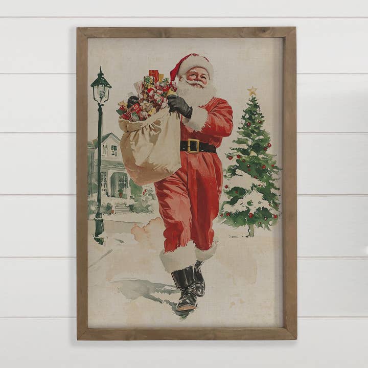 Bolsa de Juguetes de Papá Noel Vintage - Arte en Lienzo de Navidad - Enmarcado en Madera para venta al por mayor de Hangout Home
