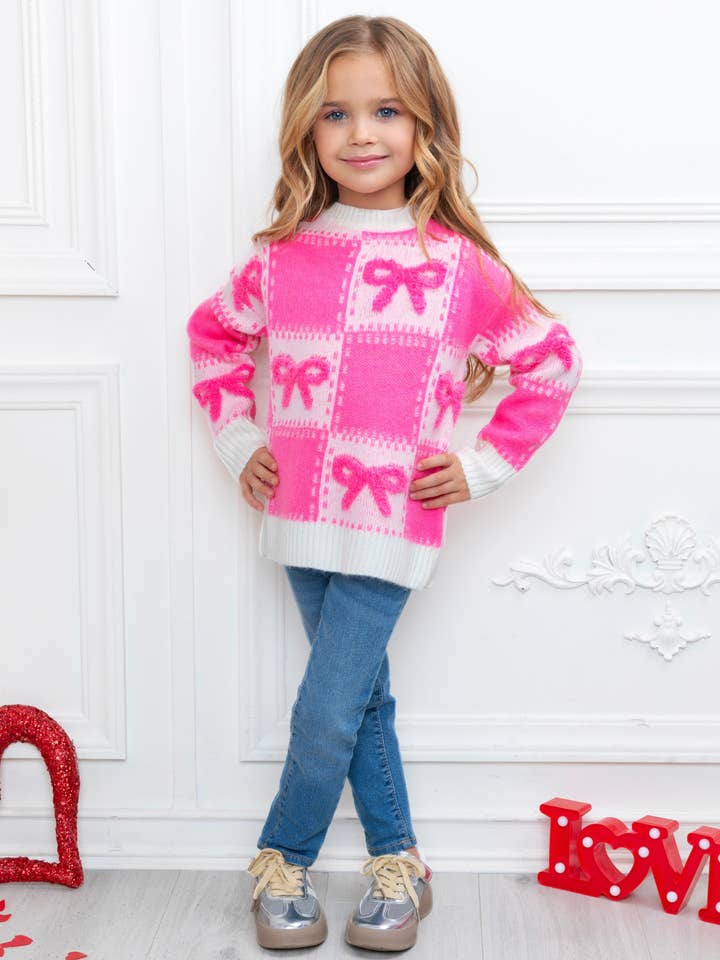 Sweet Bow Pink Checkered Knit Sweater for wholesale on Faire9