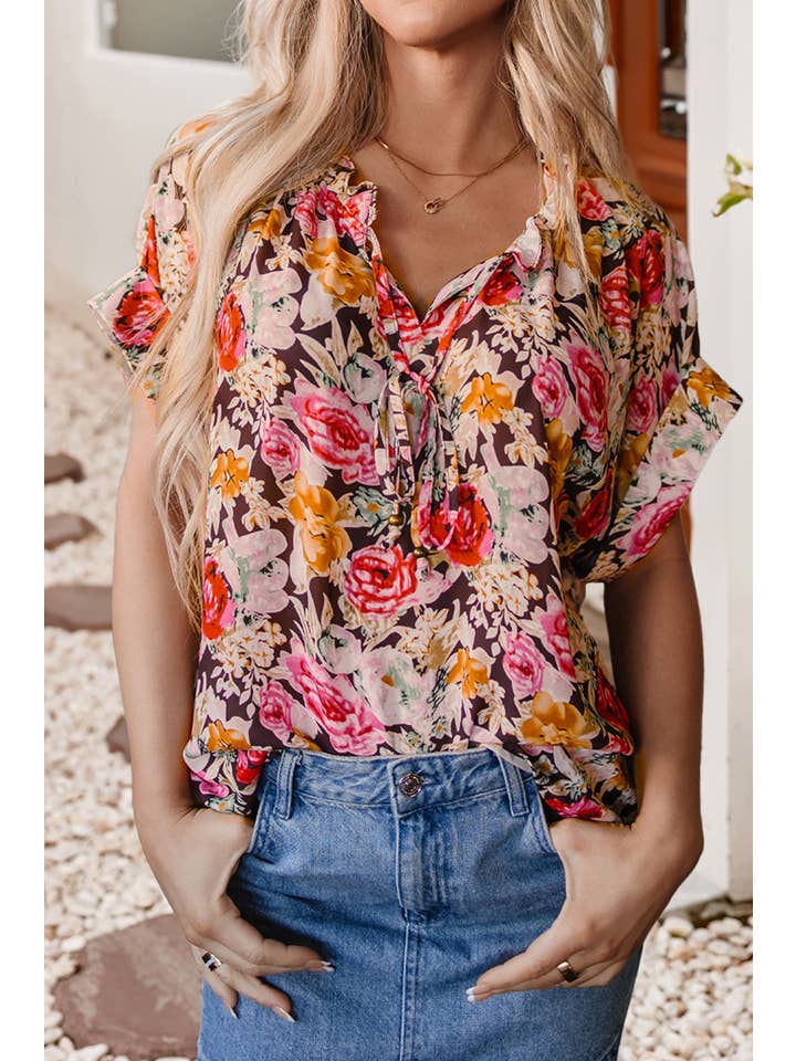 Pink LDC Floral Print Crew Neck Short Sleeve Shift Blouse for wholesale on Faire