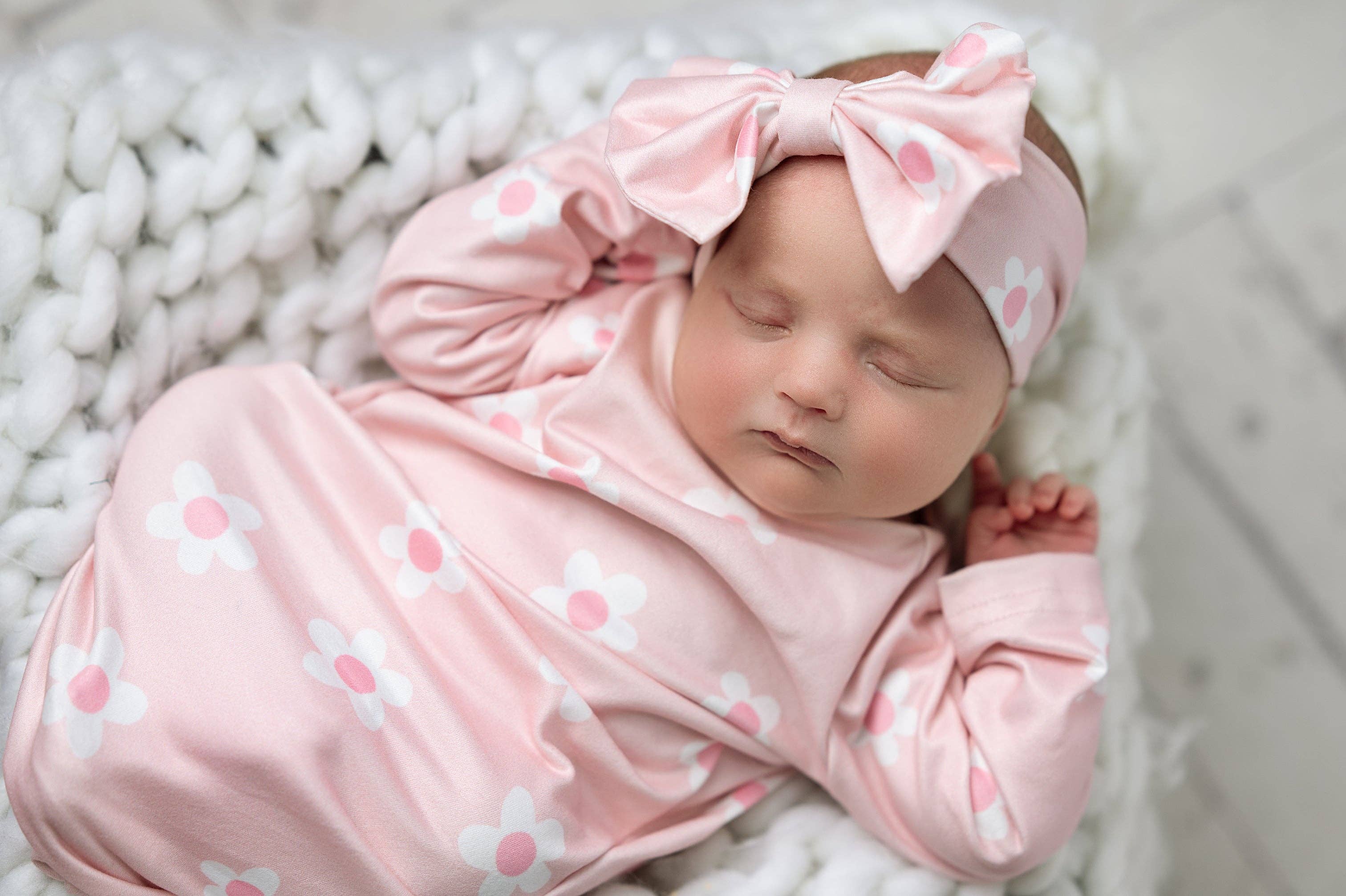 Adorable Sweetness - Wholesale Babygown - Baby - Infant Girls Pink Dainty Flower Baby Gown and Bow Headband