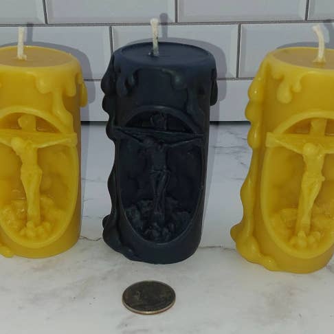 Jesus on the cross unscented beeswax candle for wholesale by Twisted Candle Company