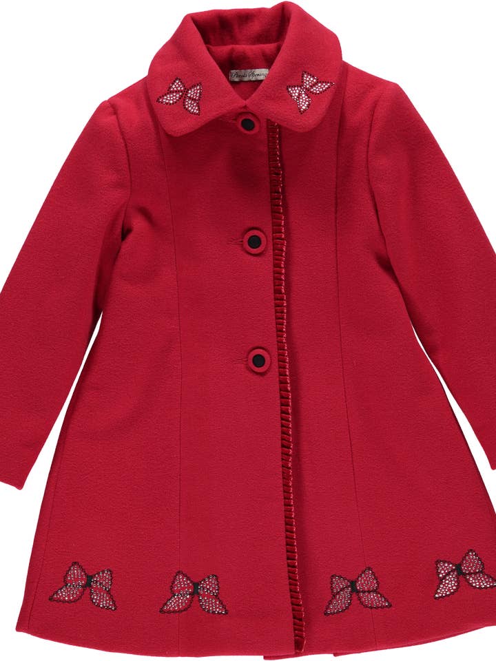 Red long coat with embroidered bows for wholesale by Piccola Speranza