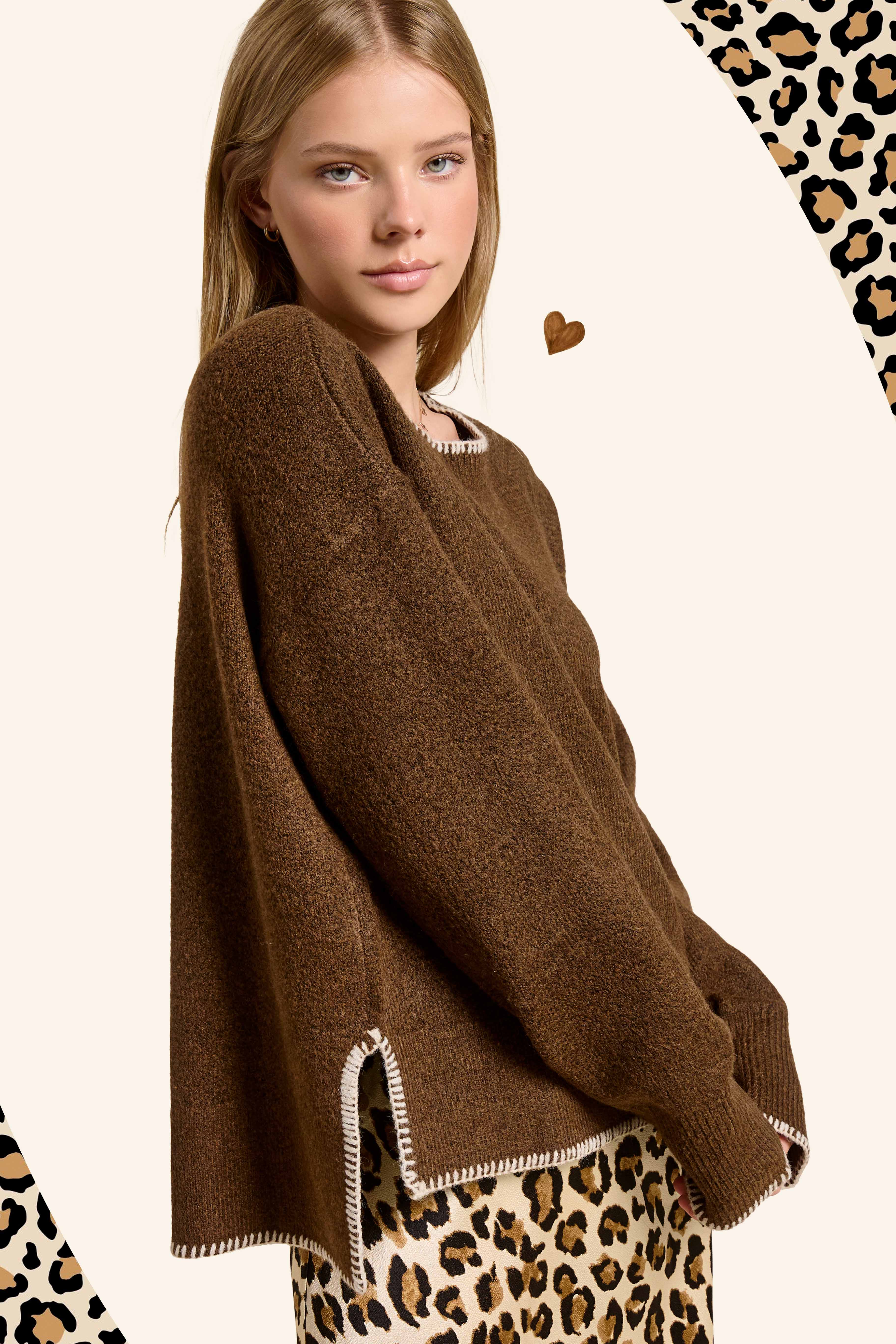 La Miel - Wholesale Knit Sweater - Women's - JDS3607-Hi-Low Crew Neck Sweater W/ Contrast Blanket Stitch27