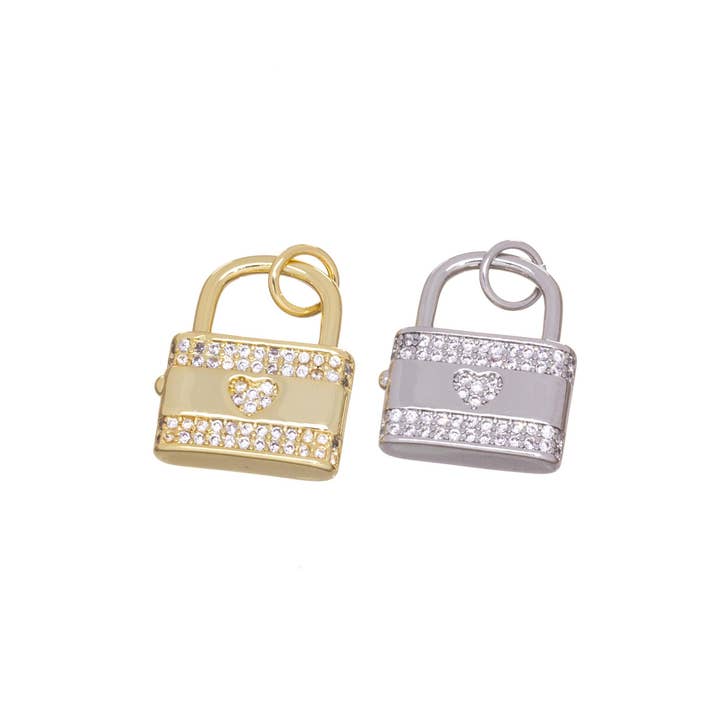 Jewel Pledge - Wholesale Individual Charm/Pendant - 18k Gold/Silver CZ Lock & Heart Charm Pendant Set CPG23642