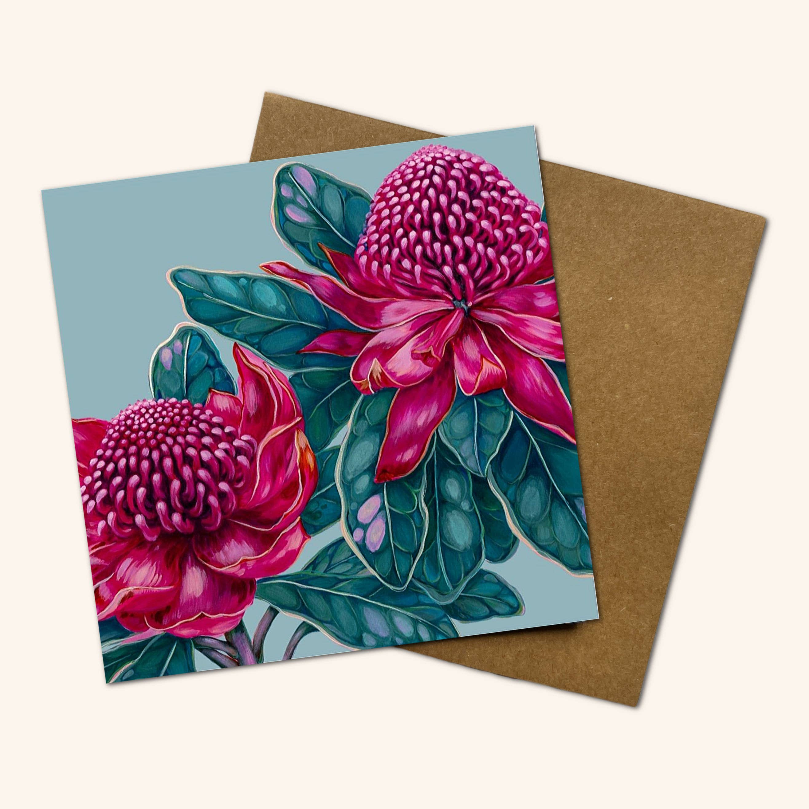 Jess Hutchison Art - Wholesale Everyday greeting card - New design - 'Waratah Dreams' in Green Greeting Card 0