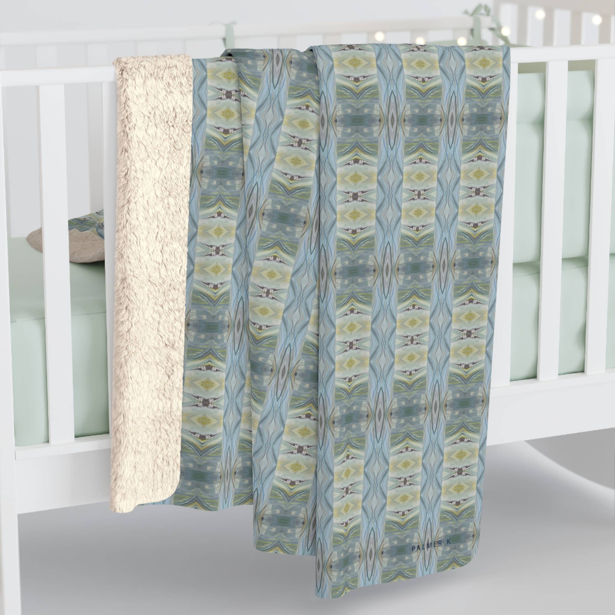 PALMER K Designs - Wholesale Throw Blanket - Sherpa Throw / Blanket: Green / Blue Geometric -SAX/P7A3