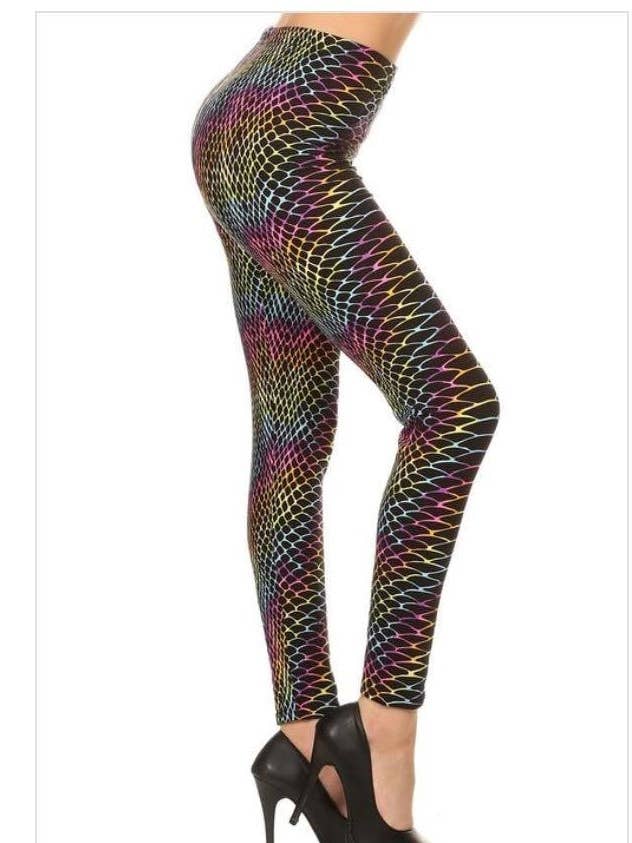 Caneleiras Rainbow Fishnet Mermaid Scales Print TAMANHO ÚNICO por atacado de Love 4 Leggings