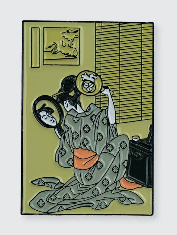 Takashima Ohisa Using Two Mirrors to Observe... • Enamel Pin for wholesale by Pin Museum