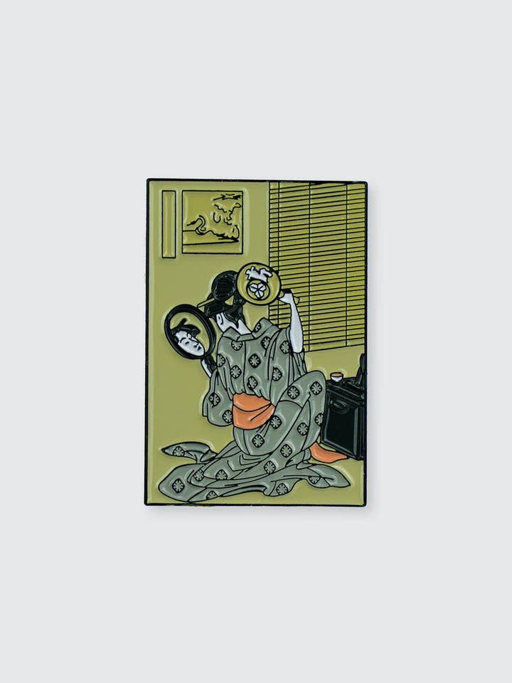 Takashima Ohisa Using Two Mirrors to Observe... • Enamel Pin for wholesale by Pin Museum