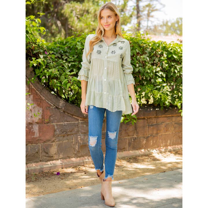 Young Threads - Wholesale Button Down Shirt - Women's - Women’s Mexican Embroidery Blouse - Gathered Waist Shirt
