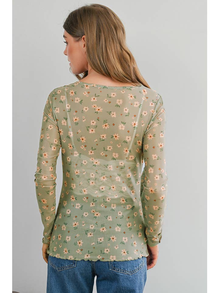Aapparella - Wholesale Blouse - Women's - Vintage Floral Print Mesh Long Sleeve Top | S-XL1