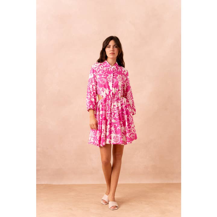 Attentif Paris - Wholesale Dress - Women's - Short printed dress with lapel collar side openings6