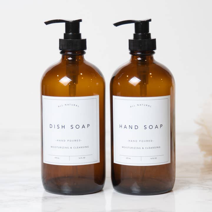 Joie Designs Co. | Refillable Bottles - Wholesale Soap Dispenser - Hand and Dish Soap Bottles - Classic Labels - Glass, Kitchen