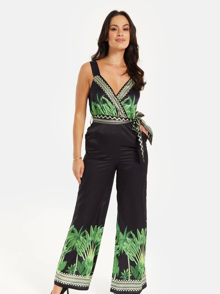 Macacão com estampa de folha licor com decote em V com detalhe de gravata por atacado de Liquorish