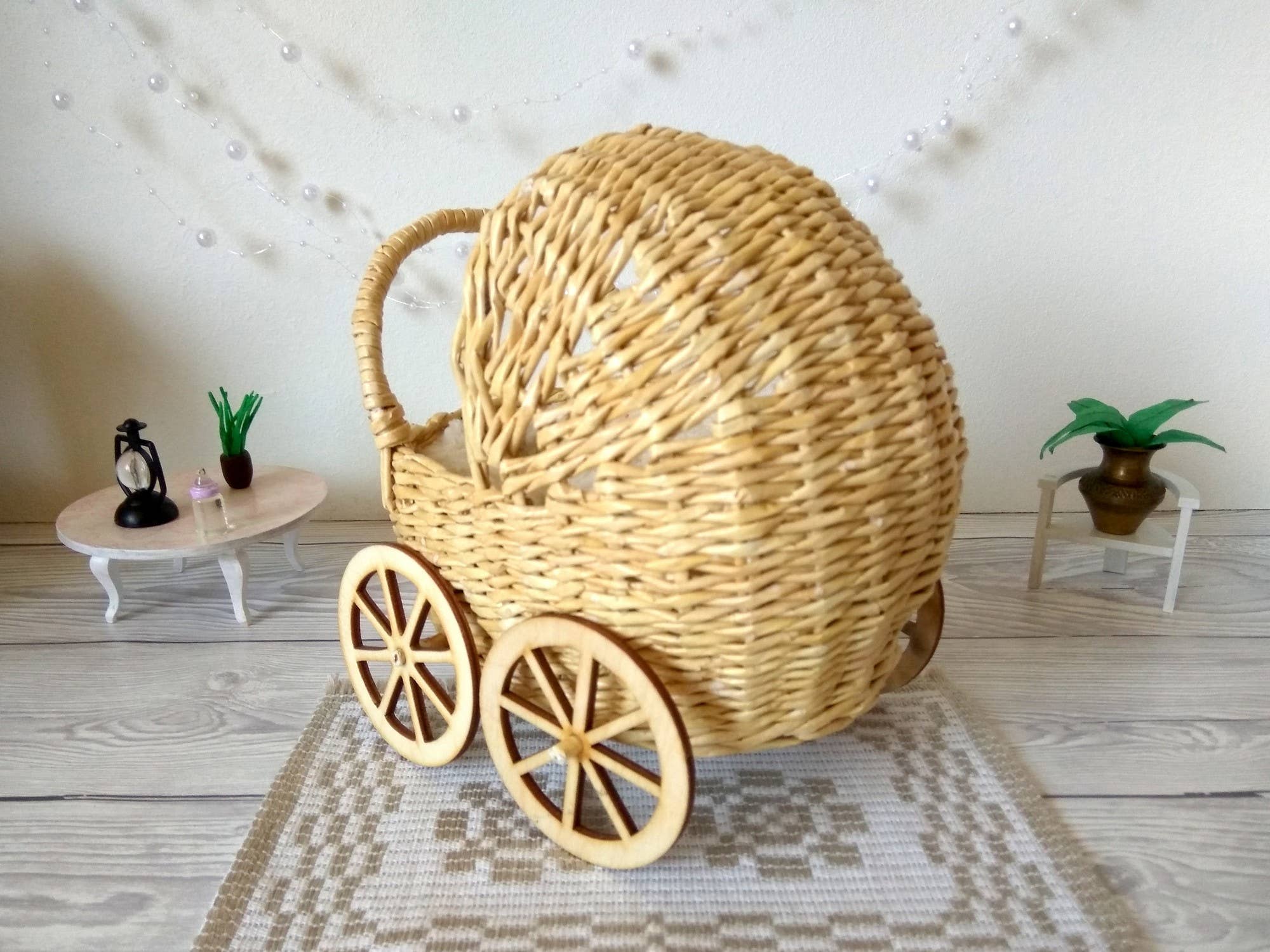 Lenasminiland - Wholesale Doll Accessory Kit - Kids - Miniature baby carriage, rattan look wicker doll stroller wi6