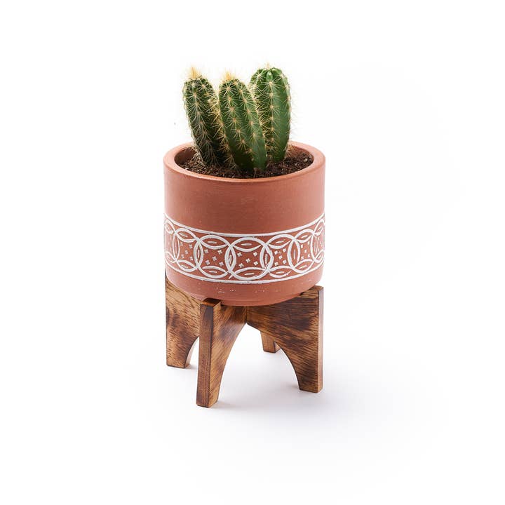 Matr Boomie Fair Trade - Wholesale Plant Pot - Daksha Terracotta Plant Pot with Wood Stand - large