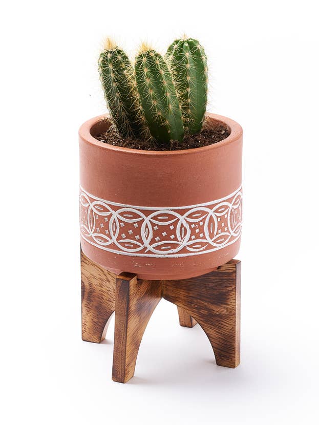 Daksha Terracotta Plant Pot with Wood Stand - large for wholesale by Matr Boomie Fair Trade
